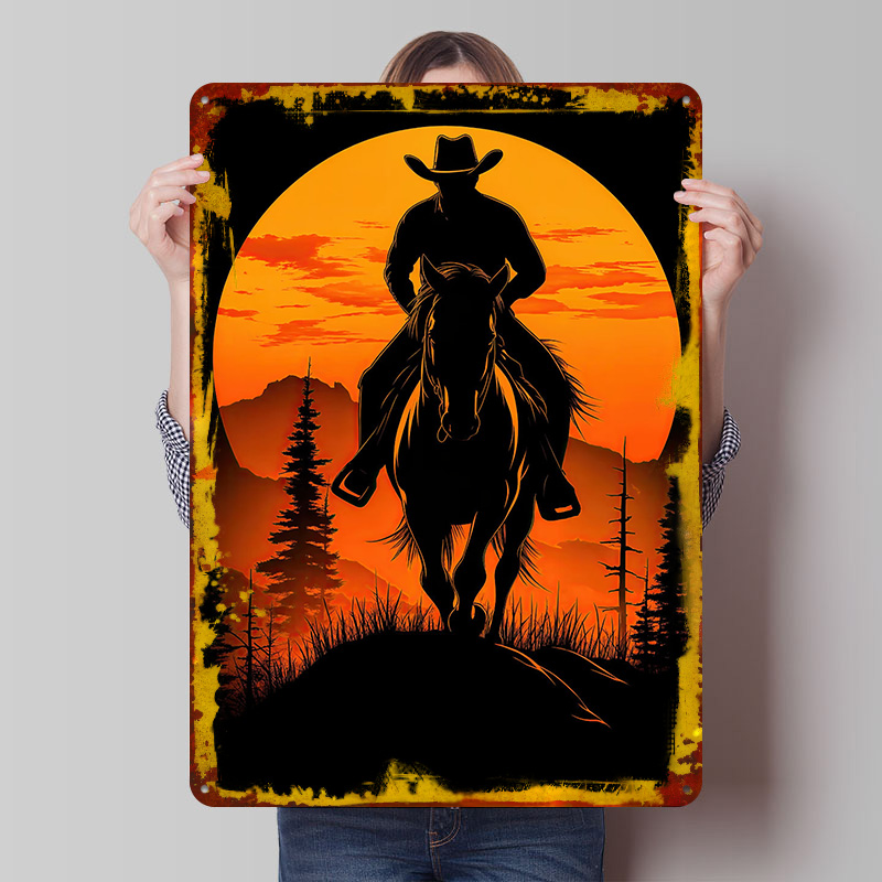 Retro Gaming At Home - Cowboy Silhouette Sunset Metal Poster Customized