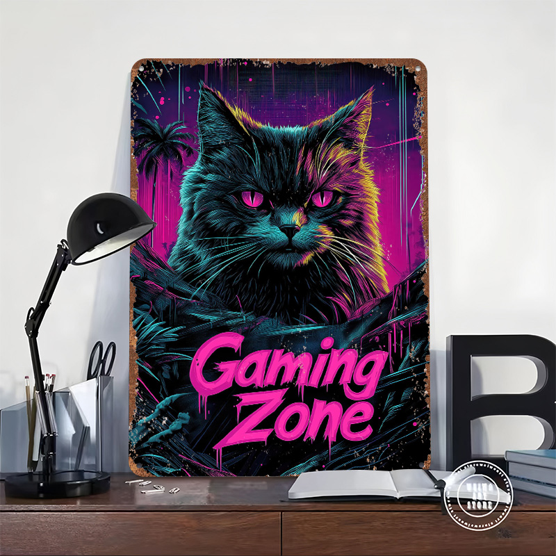 Gaming Cat Metal Poster Custom - Retro Gaming At Home ulasan dan harga
