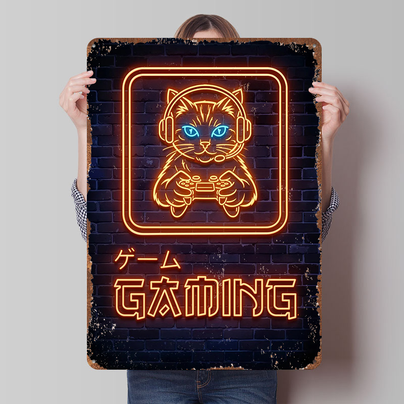 Neon Gaming Cat Printed Poster - Retro Gaming At Home ulasan dan harga
