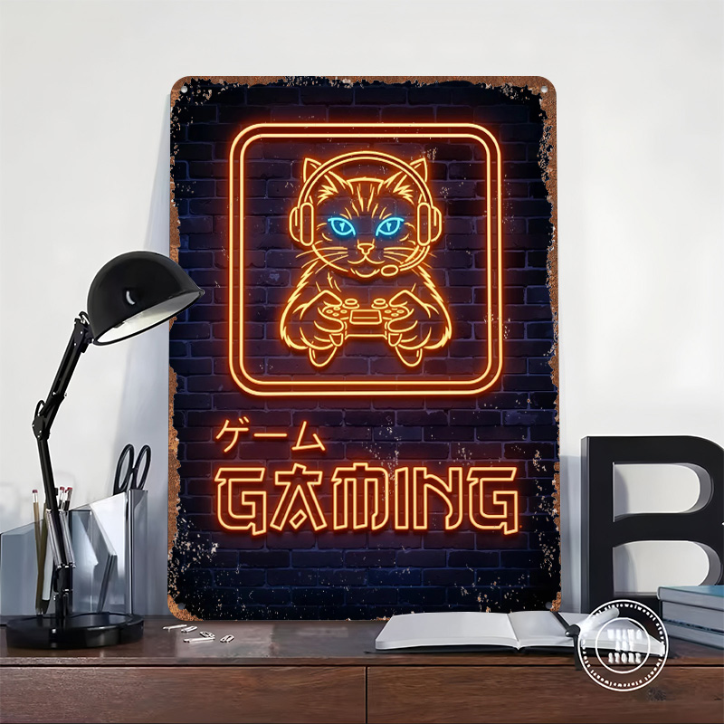 Neon Gaming Cat Printed Poster - Retro Gaming At Home ulasan dan harga