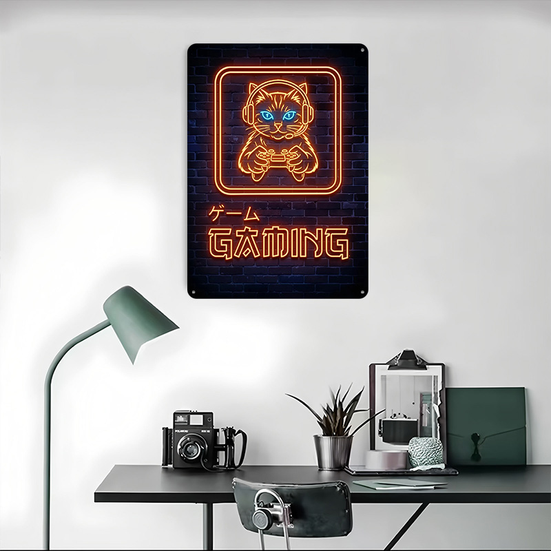 Neon Gaming Cat Printed Poster - Retro Gaming At Home ulasan dan harga